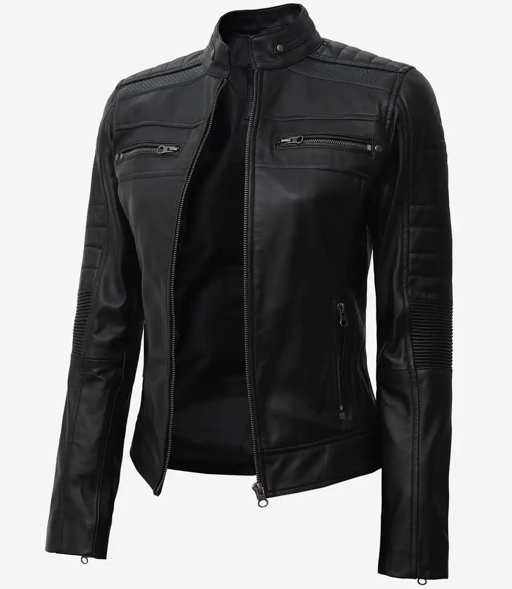 Black Cafe Racer Leather Jacket for Women