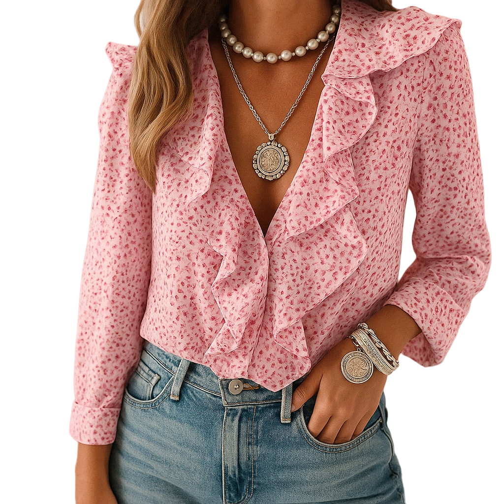 Elegant women’s blouse with butterfly print and ruffled long sleeves, ideal for spring, work, or casual occasions.