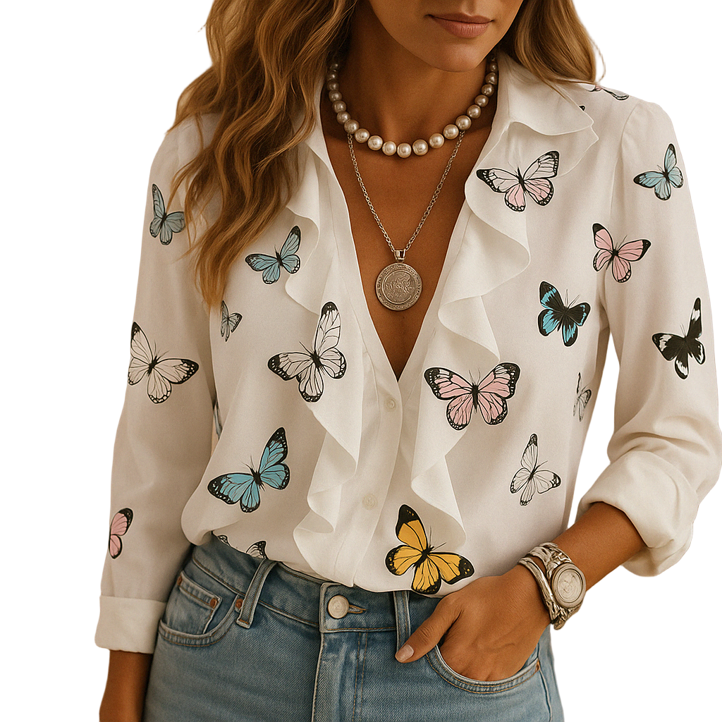 Elegant women’s blouse with butterfly print and ruffled long sleeves, ideal for spring, work, or casual occasions.