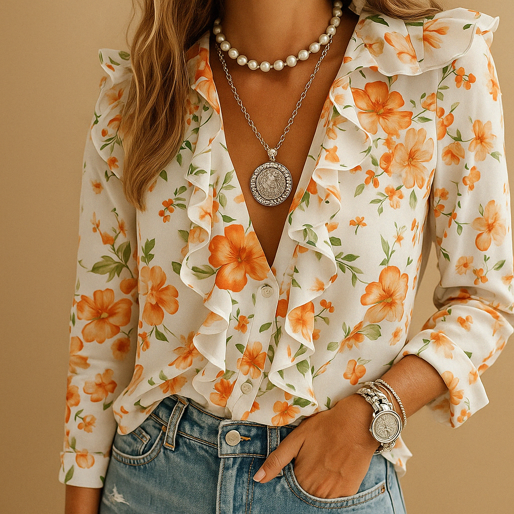 Elegant women’s blouse with butterfly print and ruffled long sleeves, ideal for spring, work, or casual occasions.