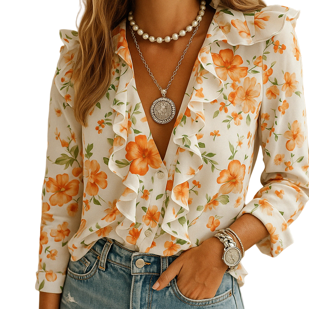Elegant women’s blouse with butterfly print and ruffled long sleeves, ideal for spring, work, or casual occasions.