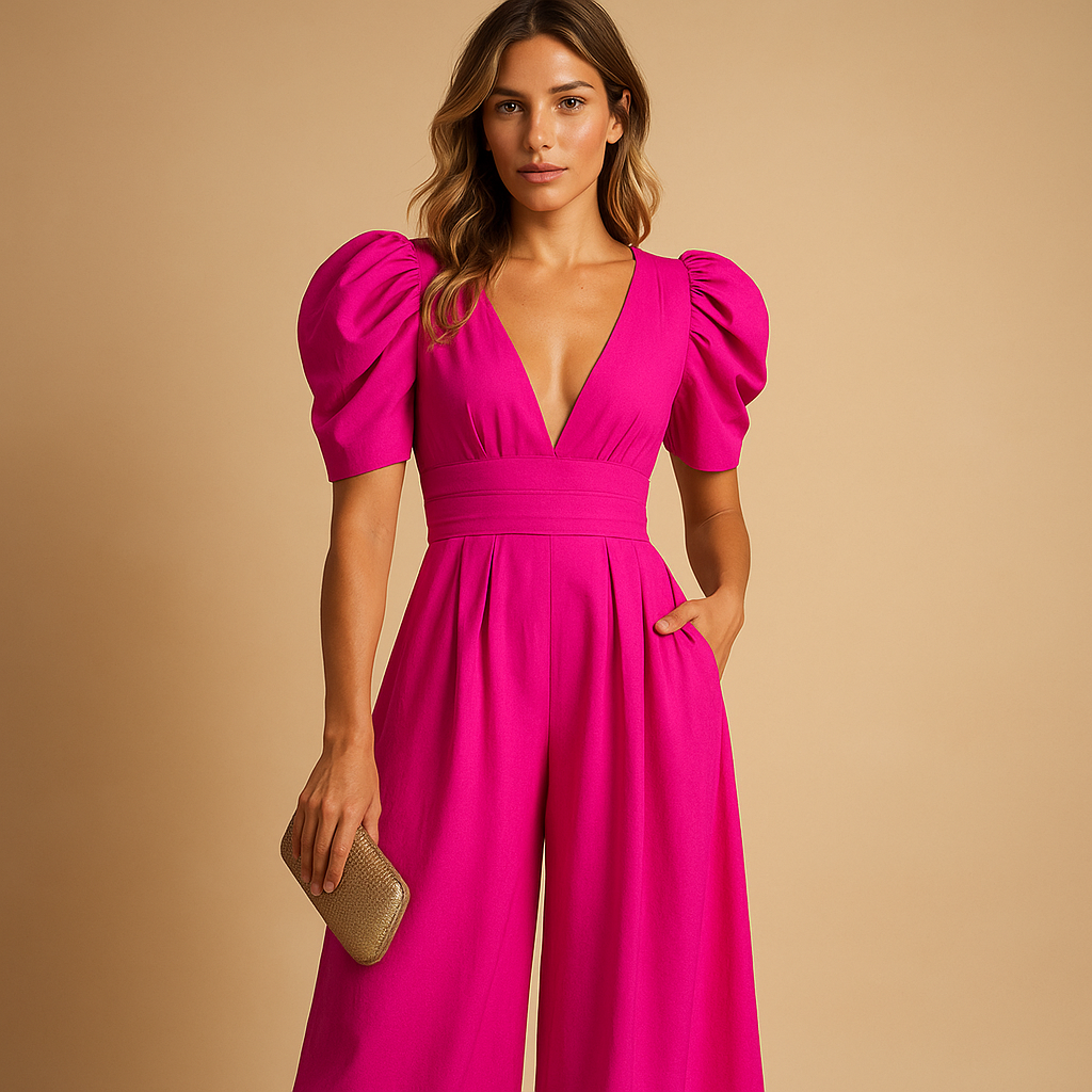 Elegant long jumpsuit for women with flowing silhouette and tailored waist, ideal for formal events, dinners, and stylish evenings.