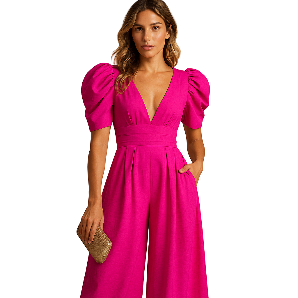 Elegant long jumpsuit for women with flowing silhouette and tailored waist, ideal for formal events, dinners, and stylish evenings.