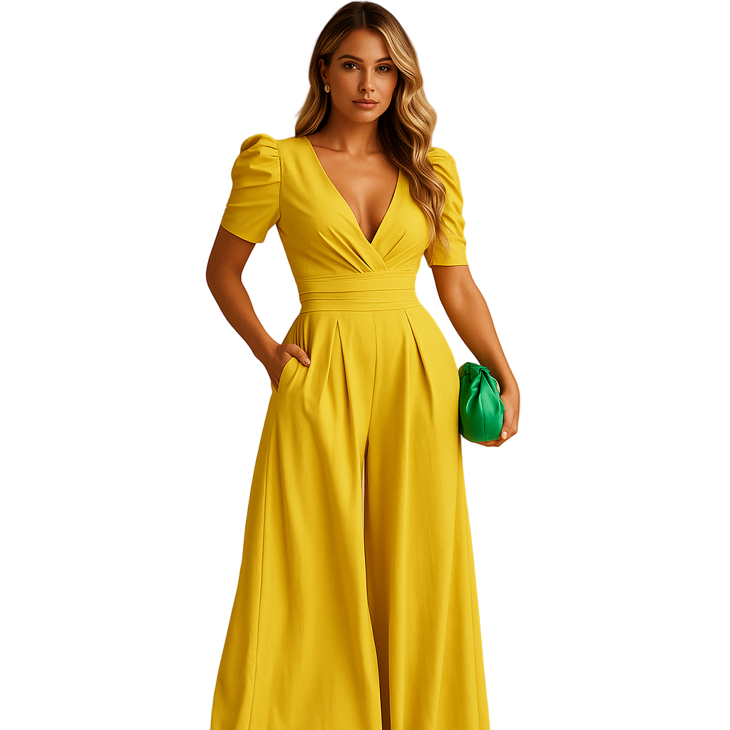 Elegant long jumpsuit for women with flowing silhouette and tailored waist, ideal for formal events, dinners, and stylish evenings.