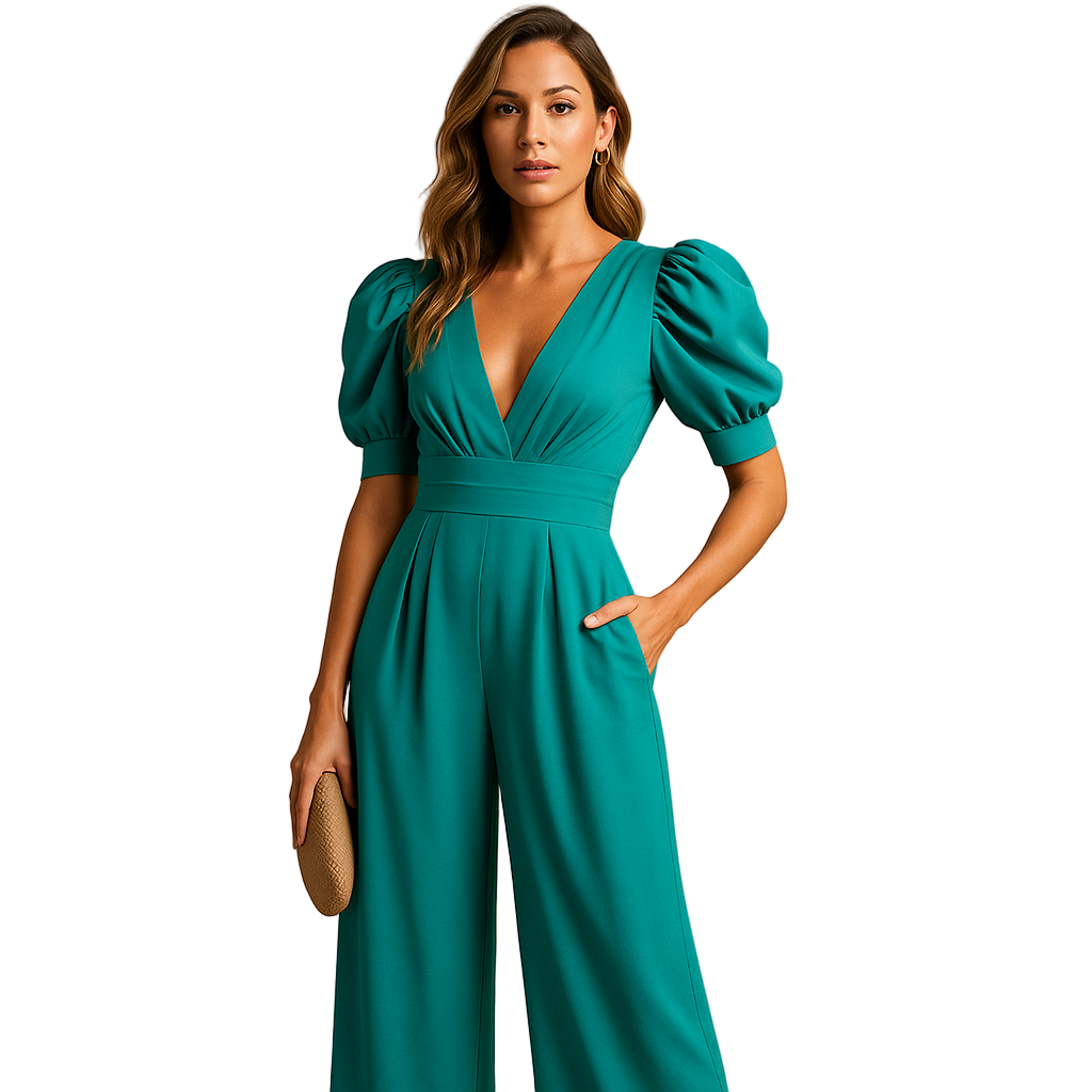 Elegant long jumpsuit for women with flowing silhouette and tailored waist, ideal for formal events, dinners, and stylish evenings.
