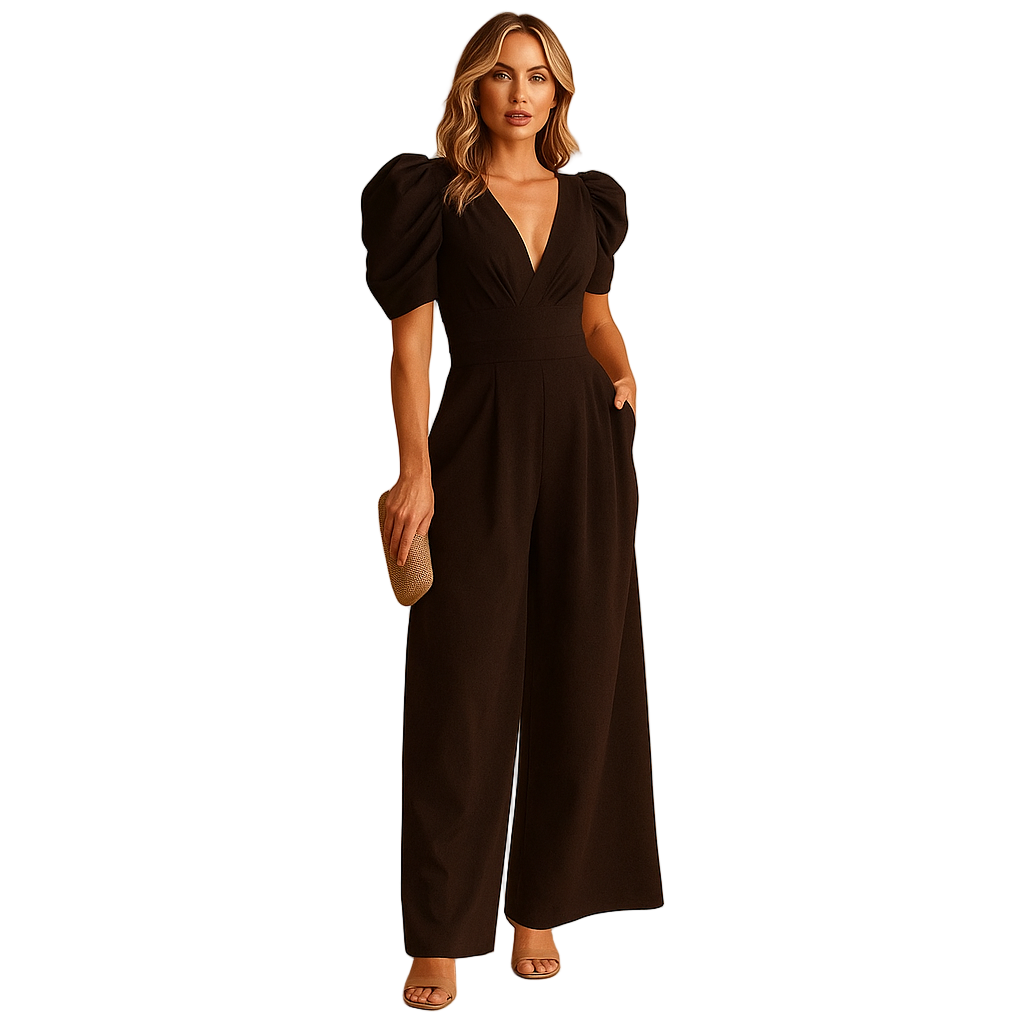 Elegant long jumpsuit for women with flowing silhouette and tailored waist, ideal for formal events, dinners, and stylish evenings.
