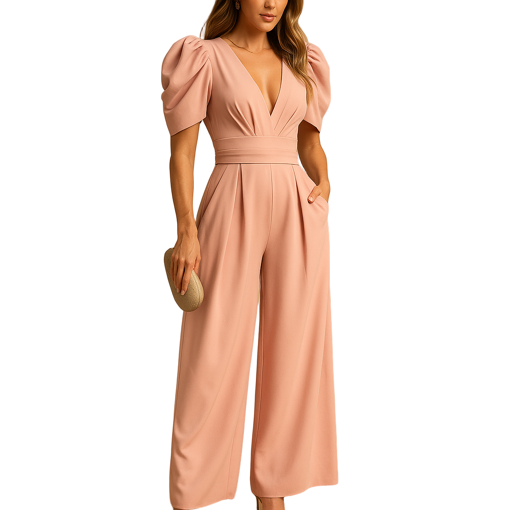 Elegant long jumpsuit for women with flowing silhouette and tailored waist, ideal for formal events, dinners, and stylish evenings.