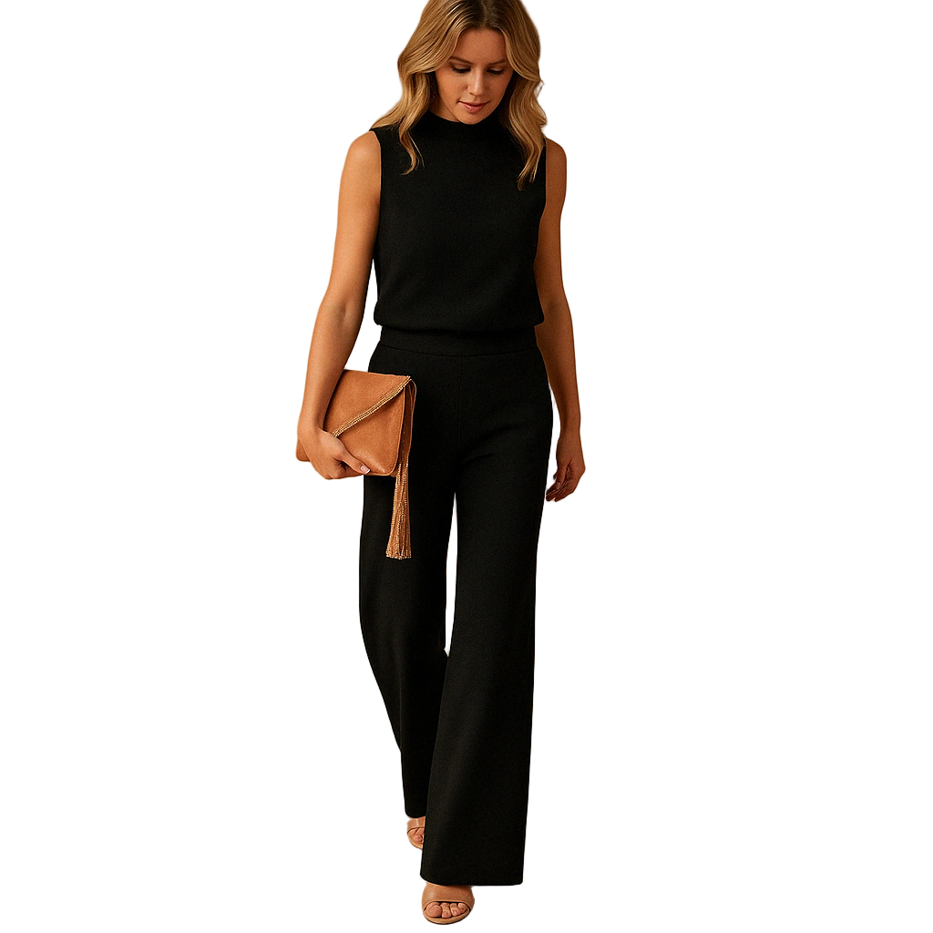Elegant wide-leg jumpsuit for women with round neckline and mid-waist fit, perfect for work, evenings, and special occasions.