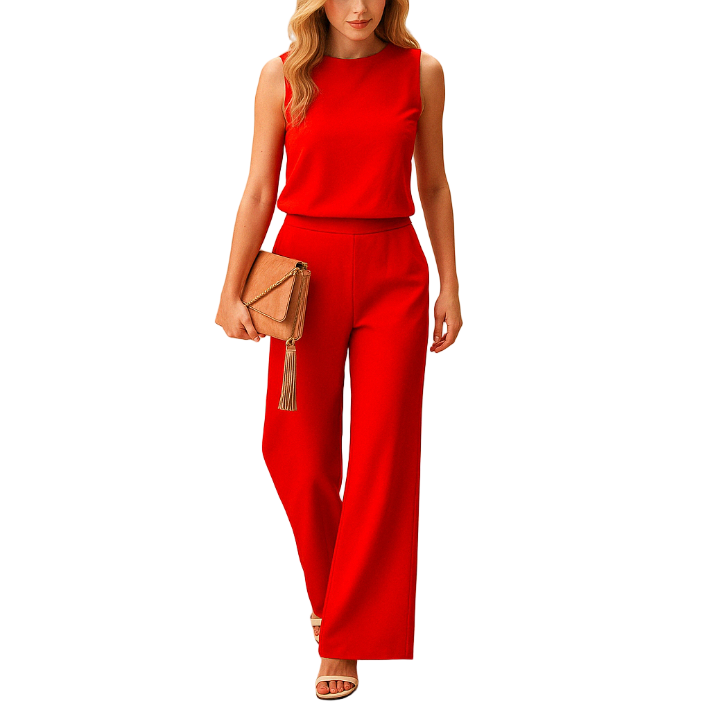 Elegant wide-leg jumpsuit for women with round neckline and mid-waist fit, perfect for work, evenings, and special occasions.