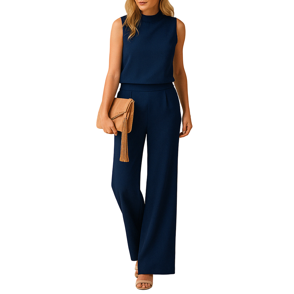 Elegant wide-leg jumpsuit for women with round neckline and mid-waist fit, perfect for work, evenings, and special occasions.