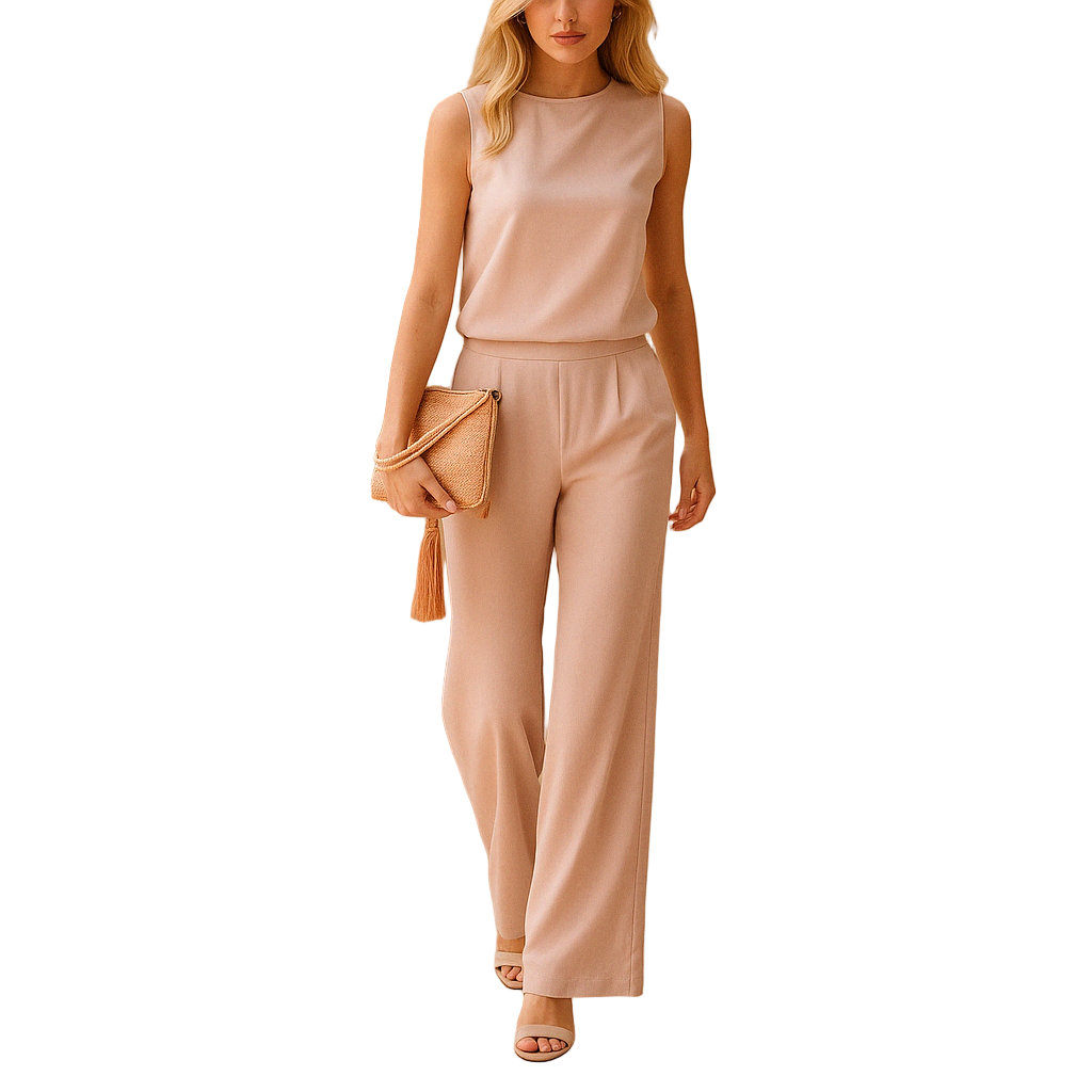 Elegant wide-leg jumpsuit for women with round neckline and mid-waist fit, perfect for work, evenings, and special occasions.