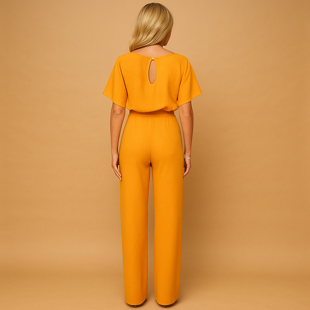 High-waist jumpsuit with lace-up detail for women, featuring a tailored fit and soft draping fabric for casual chic or formal occasions.