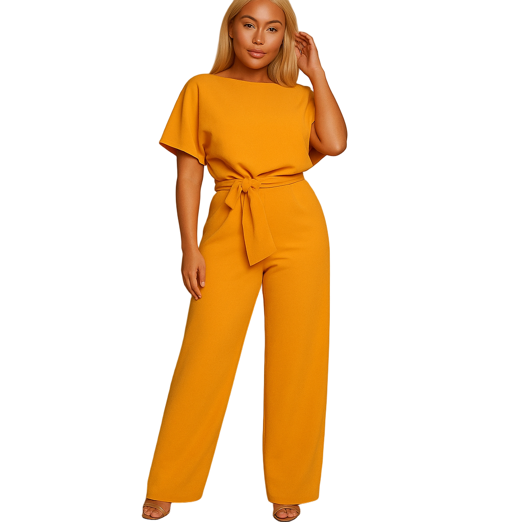 High-waist jumpsuit with lace-up detail for women, featuring a tailored fit and soft draping fabric for casual chic or formal occasions.