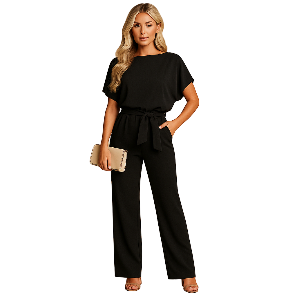 High-waist jumpsuit with lace-up detail for women, featuring a tailored fit and soft draping fabric for casual chic or formal occasions.