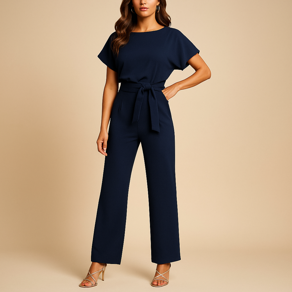 High-waist jumpsuit with lace-up detail for women, featuring a tailored fit and soft draping fabric for casual chic or formal occasions.