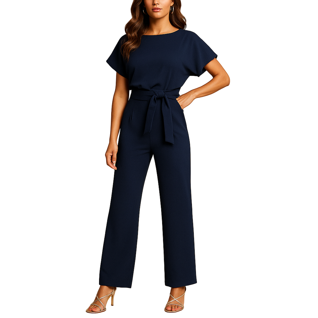 High-waist jumpsuit with lace-up detail for women, featuring a tailored fit and soft draping fabric for casual chic or formal occasions.
