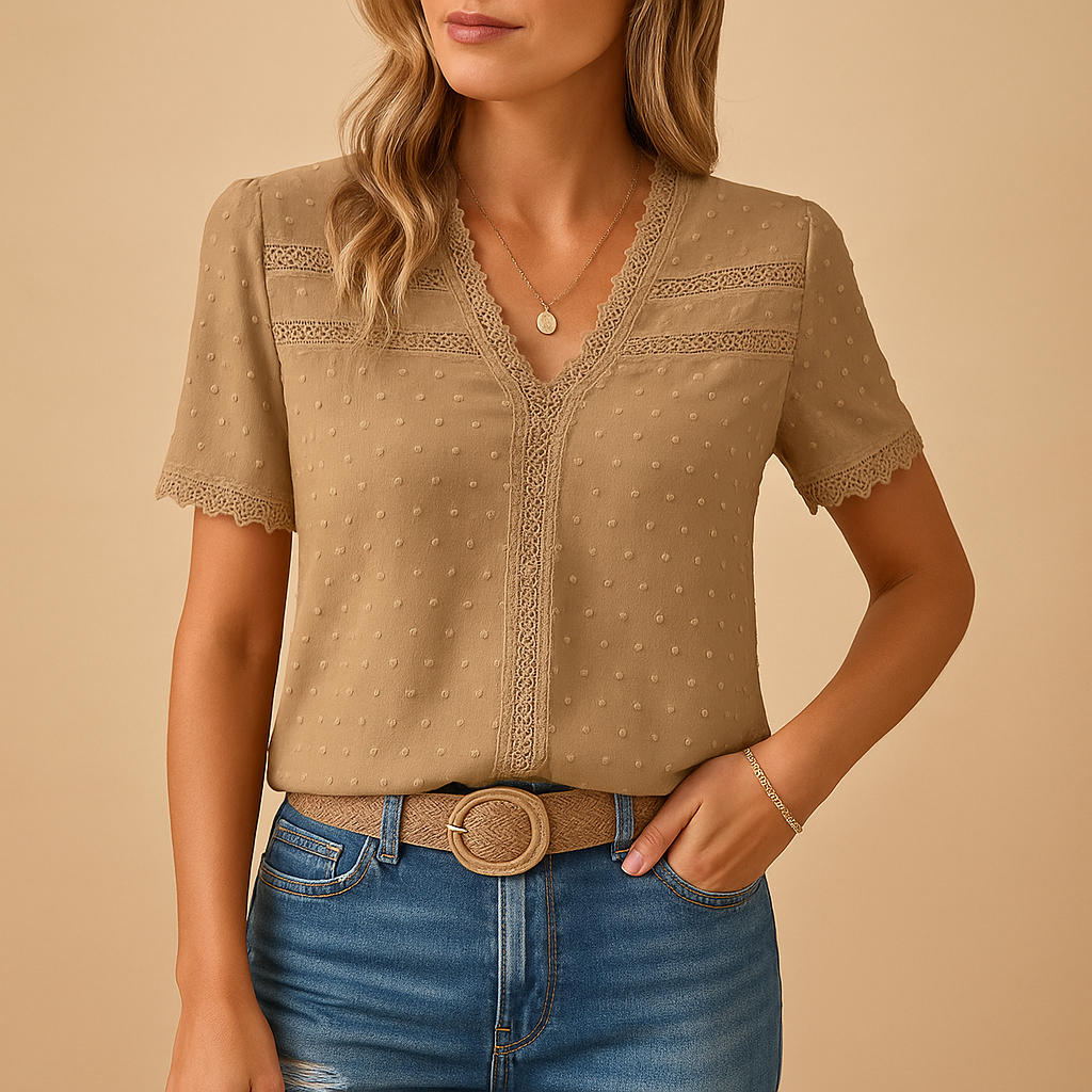 Elegant lace V-neck blouse for women with intricate detailing, perfect for work, evenings, or special events.