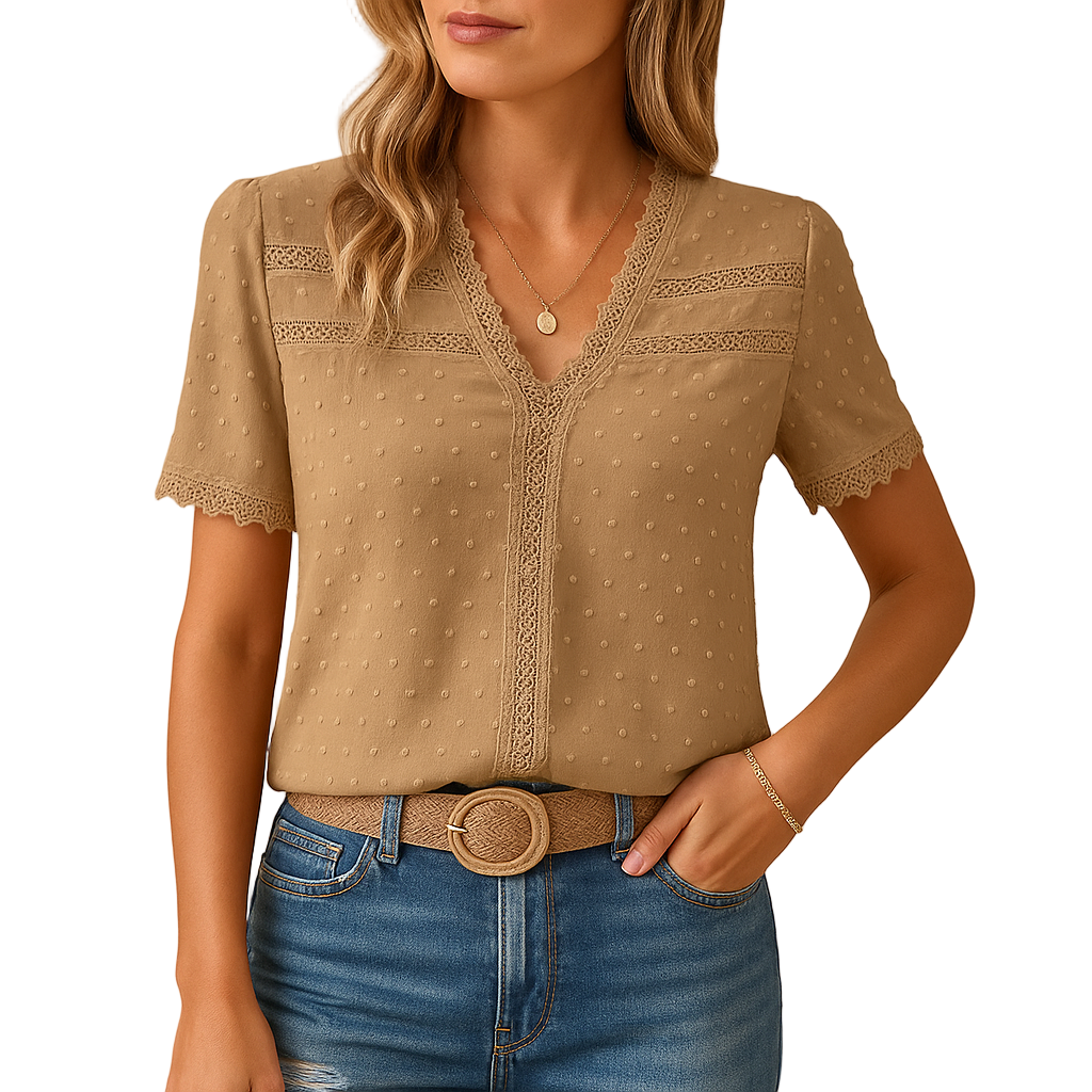 Elegant lace V-neck blouse for women with intricate detailing, perfect for work, evenings, or special events.