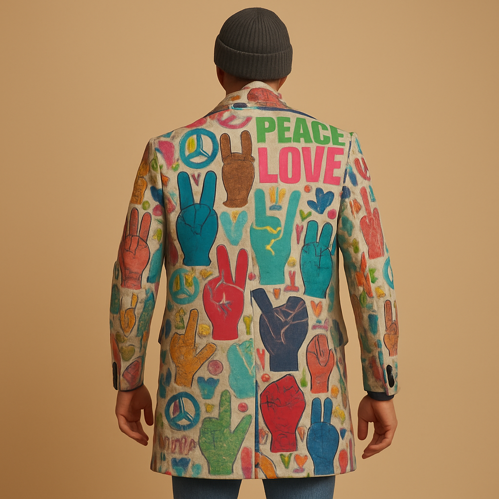 Men’s long graphic coat with graphic pattern and elongated fit, suitable for everyday wear, work, and evening occasions.