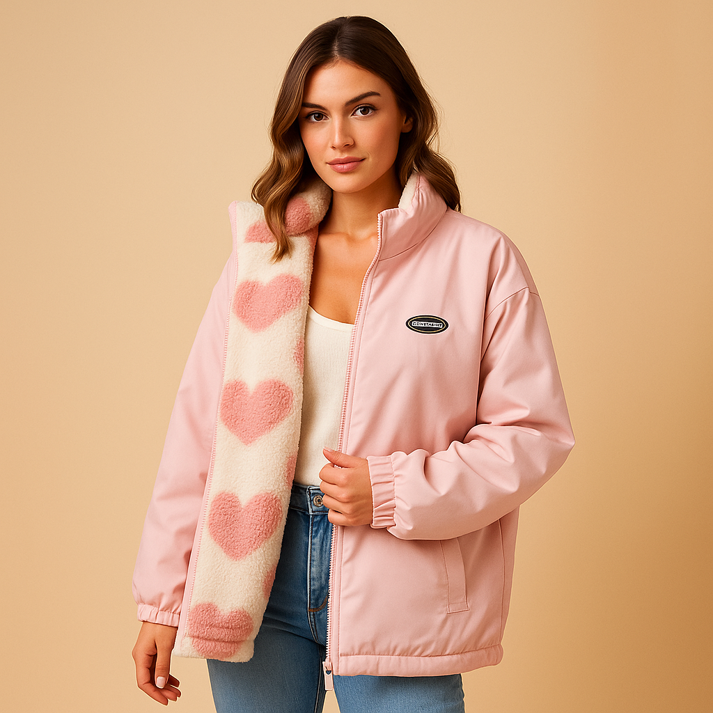 Reversible winter coat for women with a sleek silhouette, available in black, blue, and pink, offering two stylish looks in one warm design.