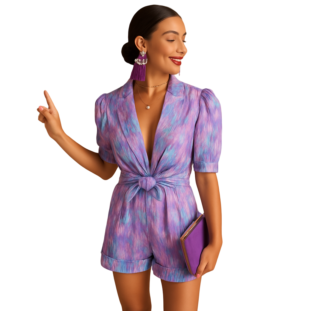 Short summer romper for women in vibrant pink and purple print with flattering belted waist, ideal for warm weather and casual outings.