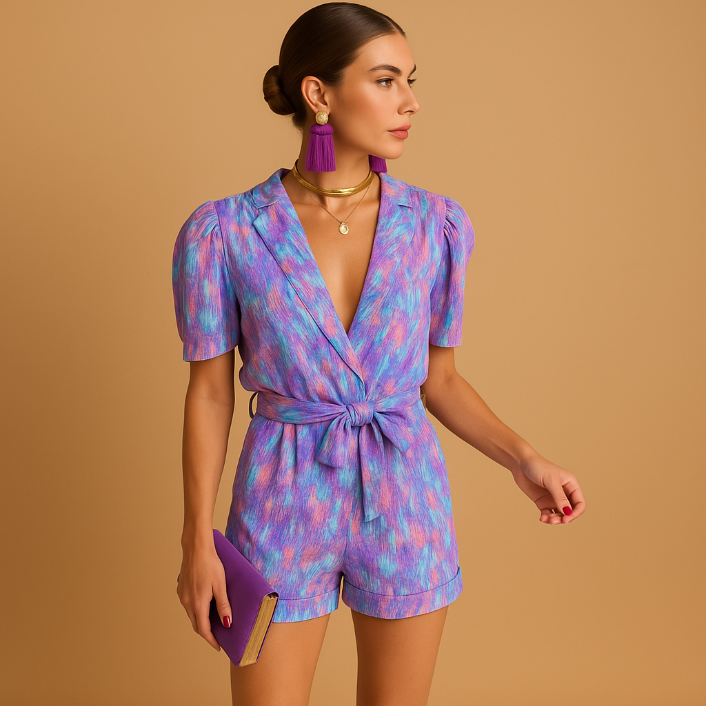Short summer romper for women in vibrant pink and purple print with flattering belted waist, ideal for warm weather and casual outings.