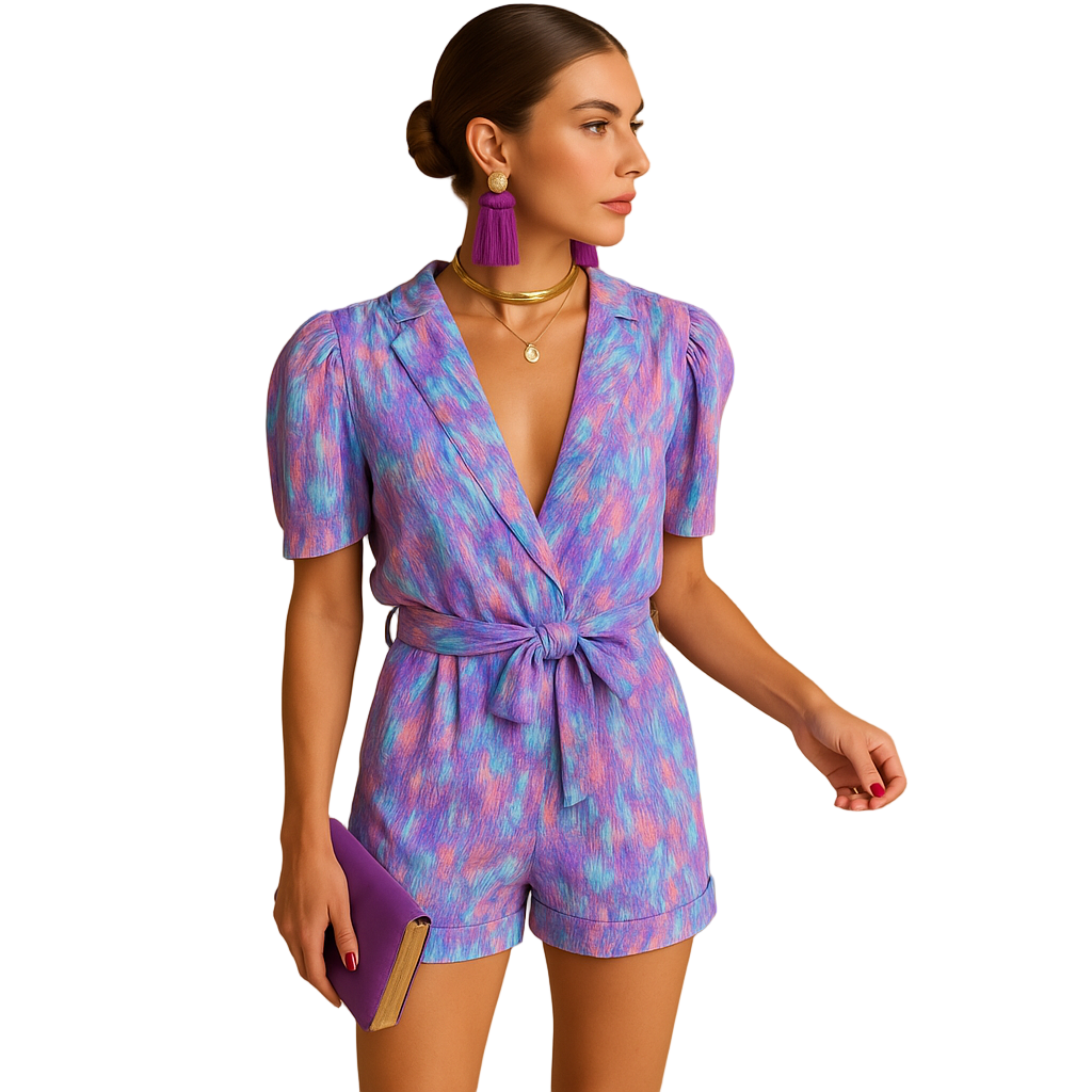Short summer romper for women in vibrant pink and purple print with flattering belted waist, ideal for warm weather and casual outings.