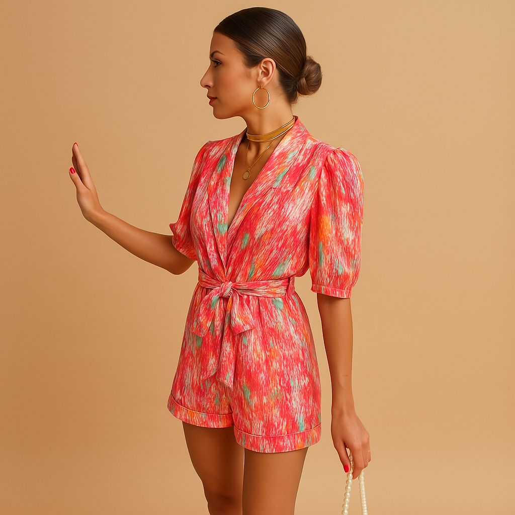 Short summer romper for women in vibrant pink and purple print with flattering belted waist, ideal for warm weather and casual outings.