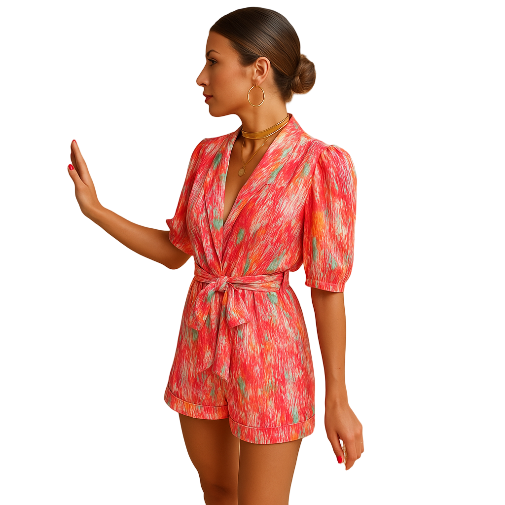 Short summer romper for women in vibrant pink and purple print with flattering belted waist, ideal for warm weather and casual outings.