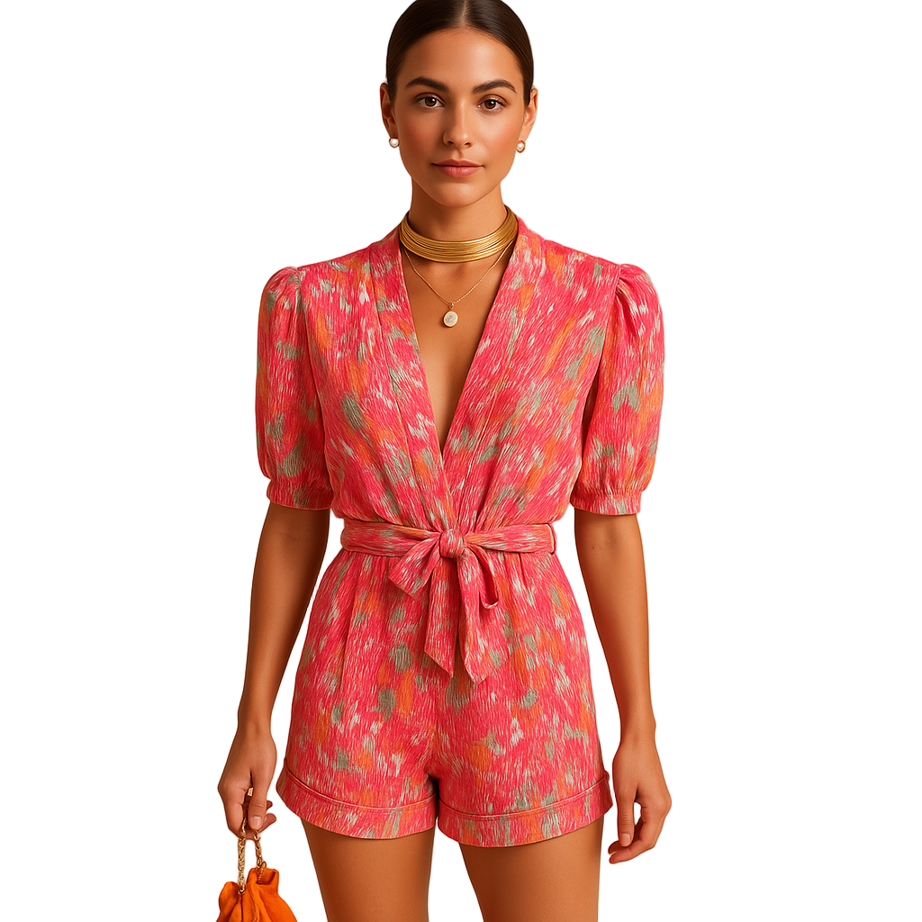 Short summer romper for women in vibrant pink and purple print with flattering belted waist, ideal for warm weather and casual outings.