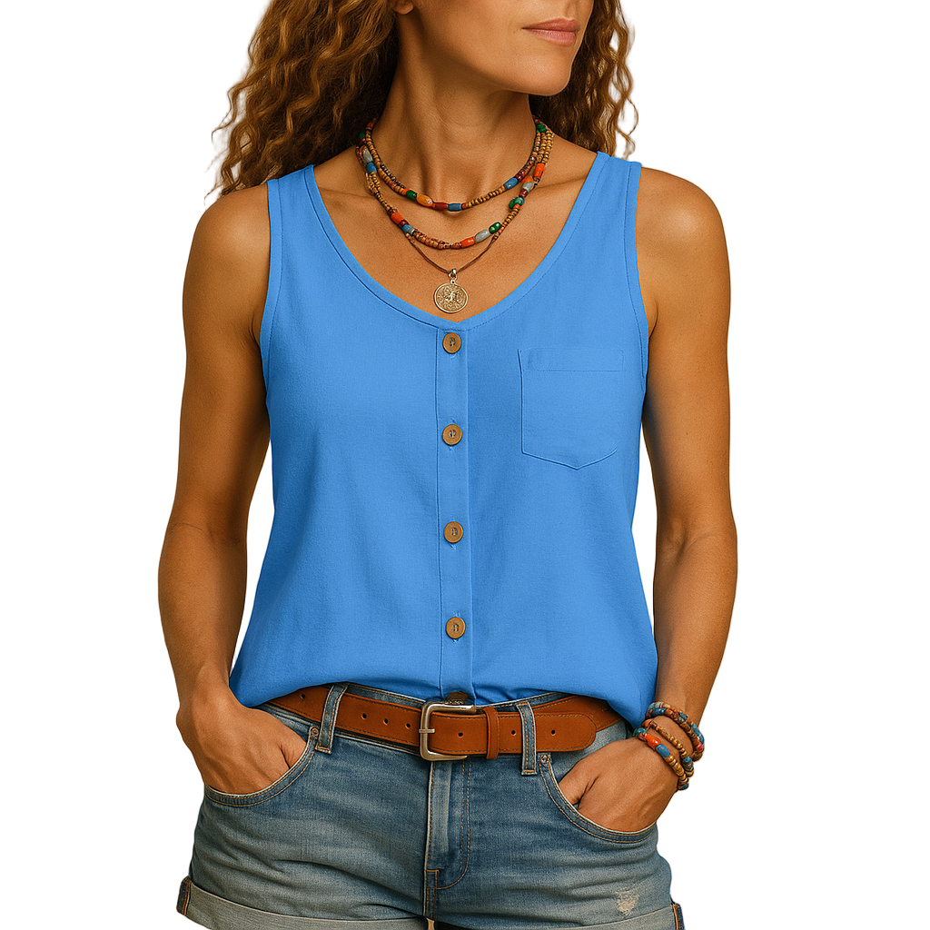 Sleeveless V-neck summer top for women in bright colors with a loose fit and side pockets, perfect for casual sunny days.