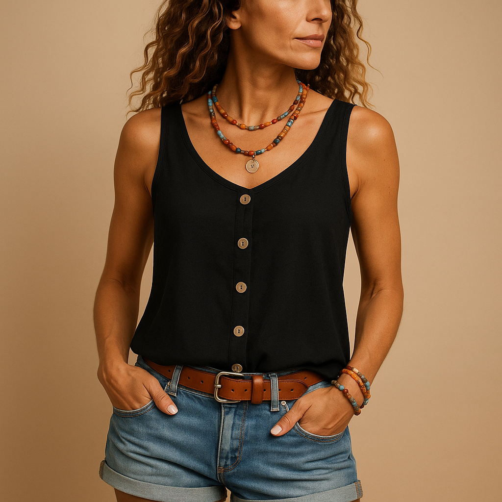 Sleeveless V-neck summer top for women in bright colors with a loose fit and side pockets, perfect for casual sunny days.