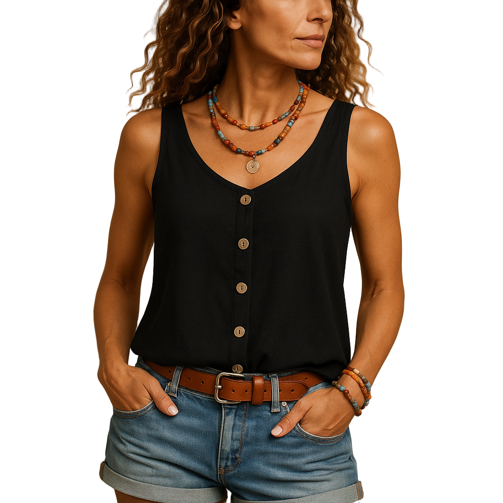 Sleeveless V-neck summer top for women in bright colors with a loose fit and side pockets, perfect for casual sunny days.