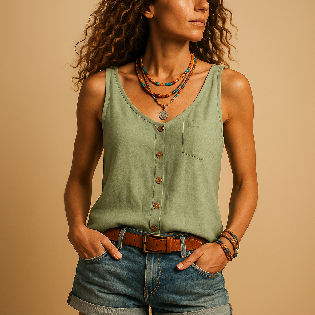 Sleeveless V-neck summer top for women in bright colors with a loose fit and side pockets, perfect for casual sunny days.