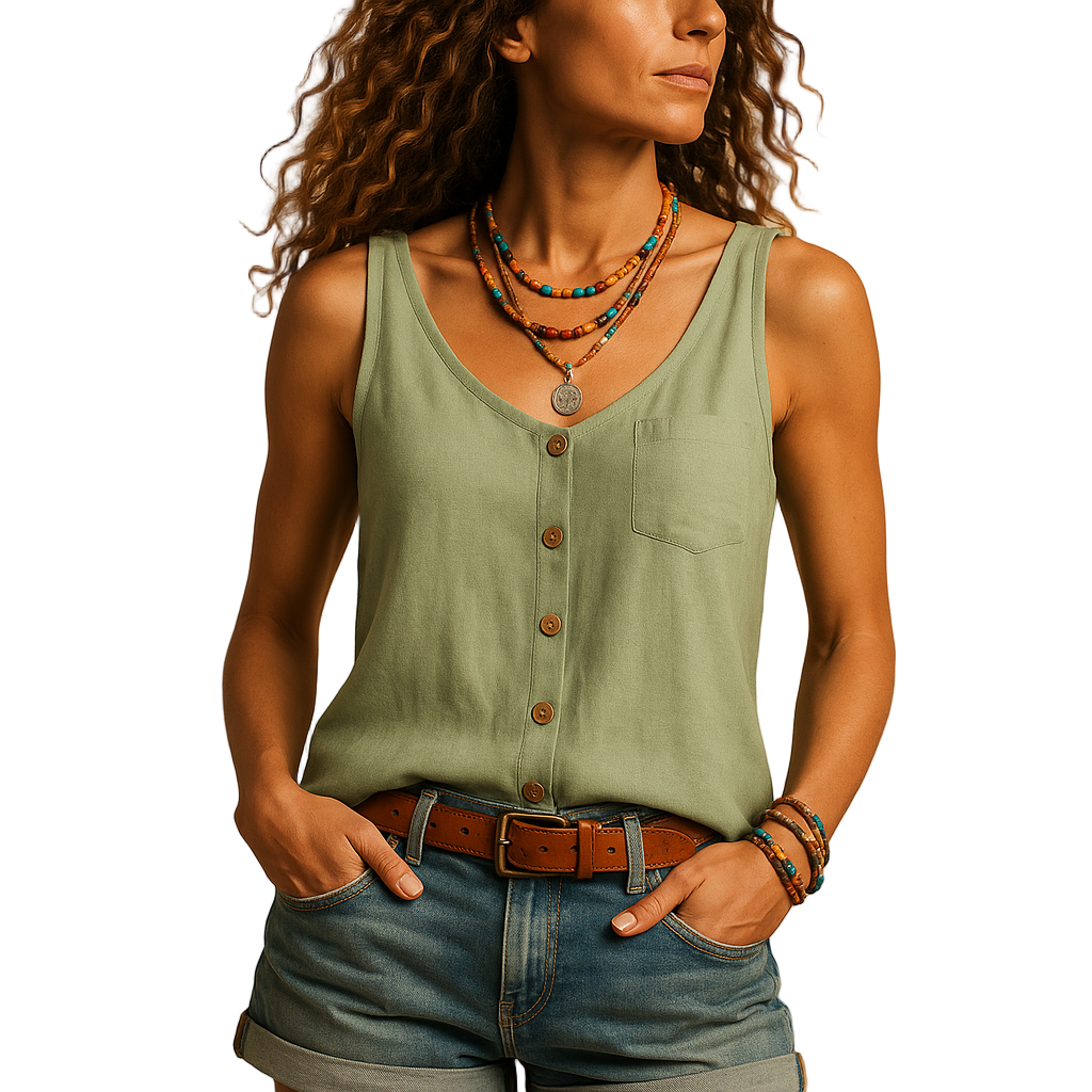 Sleeveless V-neck summer top for women in bright colors with a loose fit and side pockets, perfect for casual sunny days.