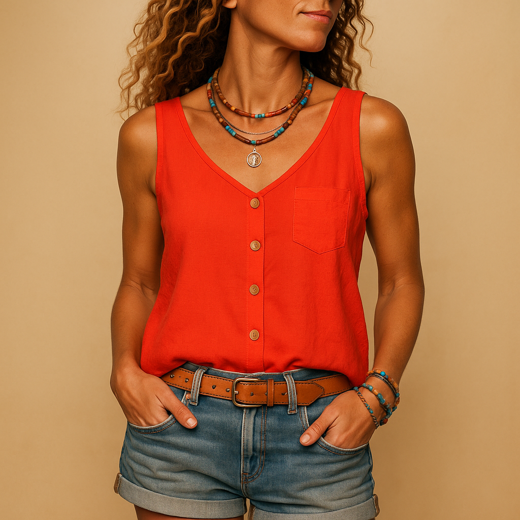 Sleeveless V-neck summer top for women in bright colors with a loose fit and side pockets, perfect for casual sunny days.