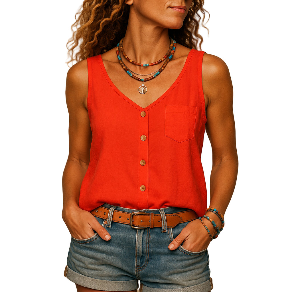 Sleeveless V-neck summer top for women in bright colors with a loose fit and side pockets, perfect for casual sunny days.