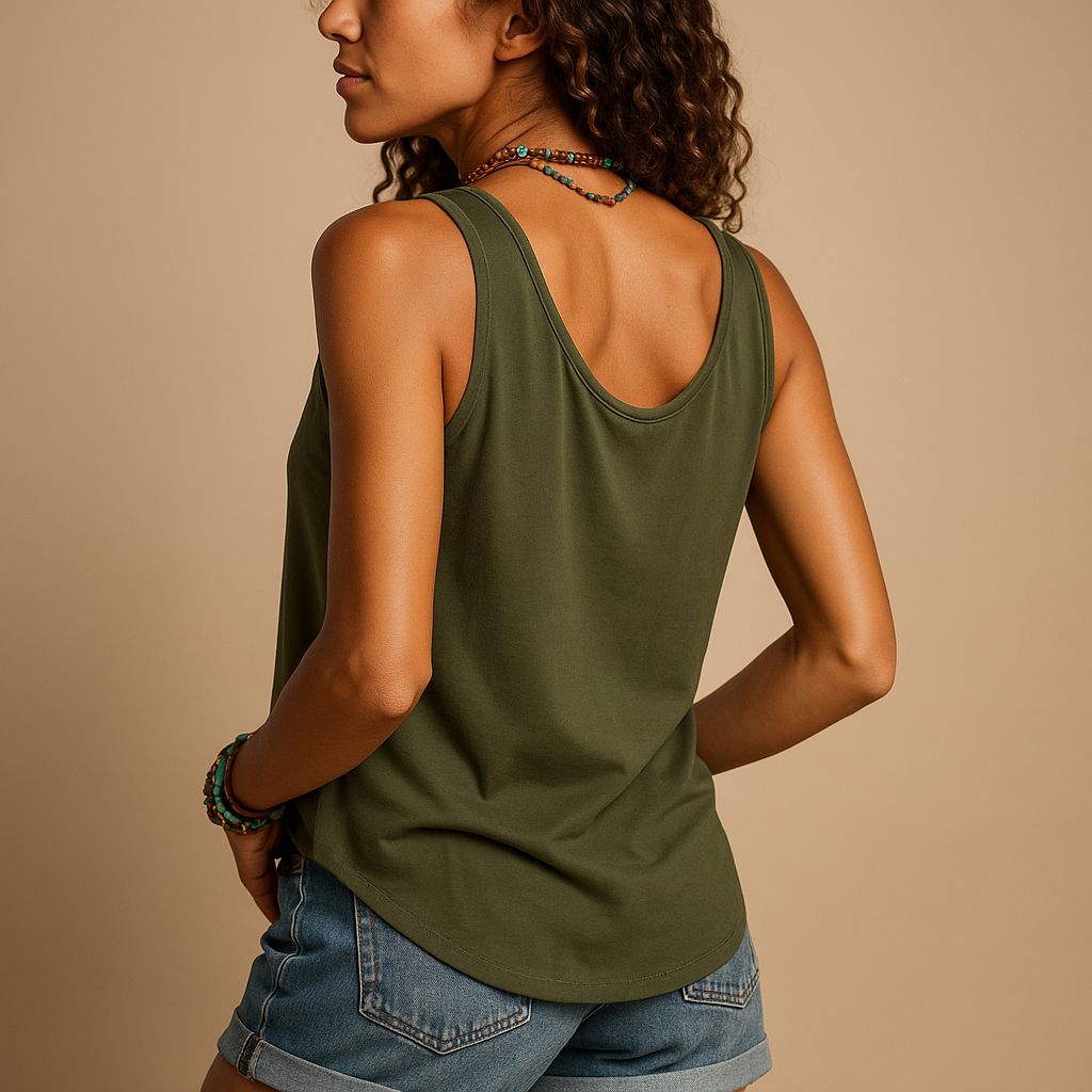 Sleeveless V-neck summer top for women in bright colors with a loose fit and side pockets, perfect for casual sunny days.