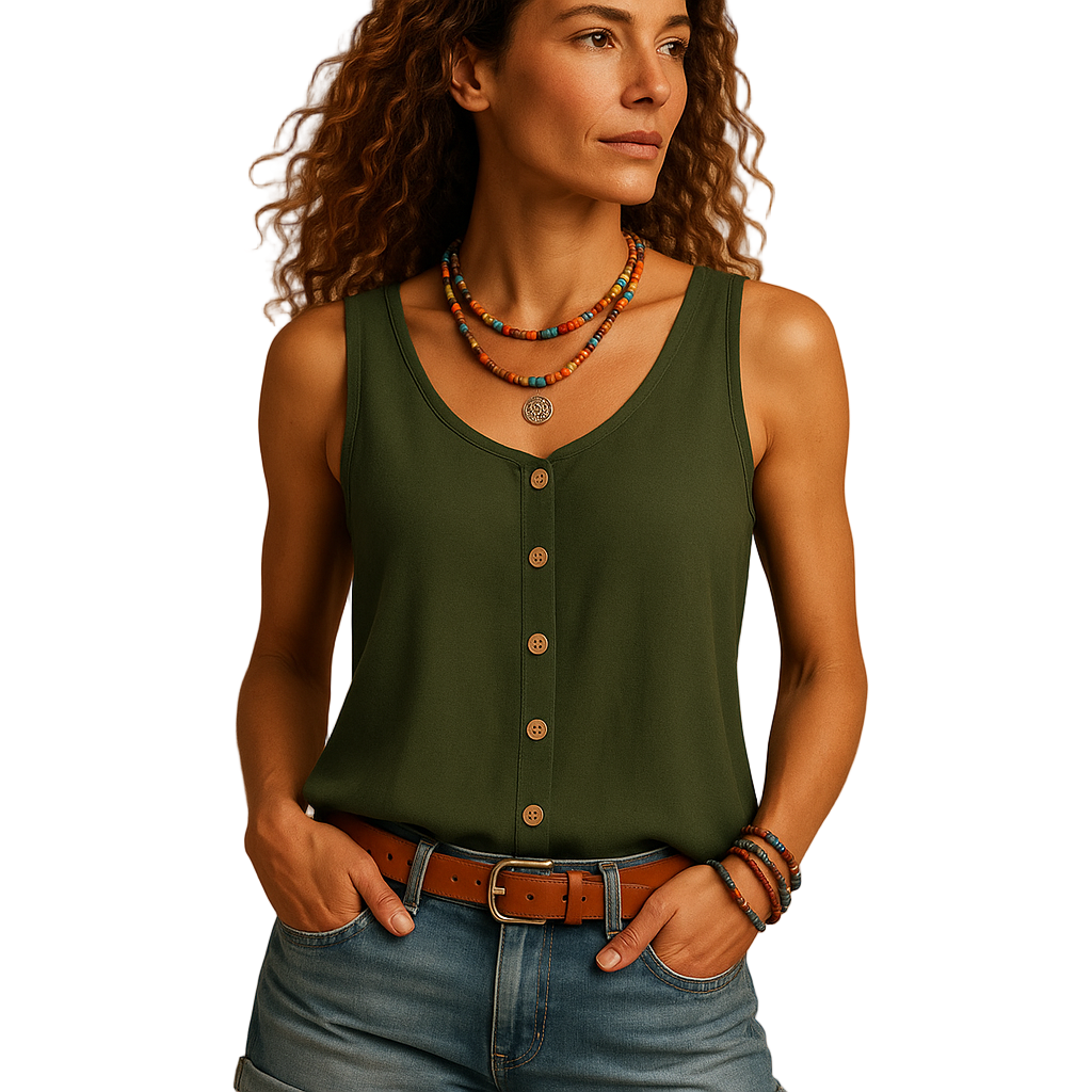 Sleeveless V-neck summer top for women in bright colors with a loose fit and side pockets, perfect for casual sunny days.