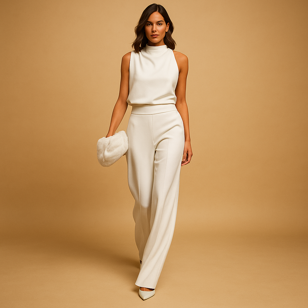 Sleeveless halter jumpsuit for women with wide legs, decorative bow, and pockets, ideal for parties, dinners, or warm-weather events.