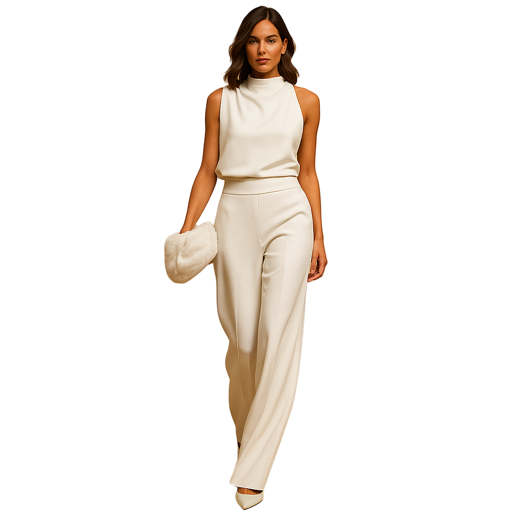 Sleeveless halter jumpsuit for women with wide legs, decorative bow, and pockets, ideal for parties, dinners, or warm-weather events.