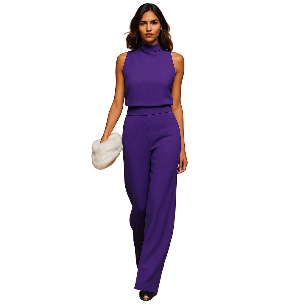 Sleeveless halter jumpsuit for women with wide legs, decorative bow, and pockets, ideal for parties, dinners, or warm-weather events.