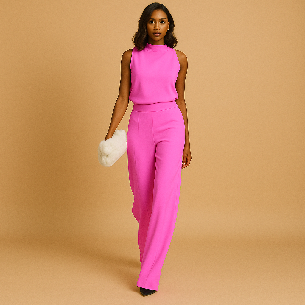 Sleeveless halter jumpsuit for women with wide legs, decorative bow, and pockets, ideal for parties, dinners, or warm-weather events.
