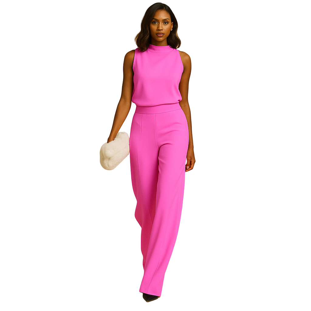 Sleeveless halter jumpsuit for women with wide legs, decorative bow, and pockets, ideal for parties, dinners, or warm-weather events.