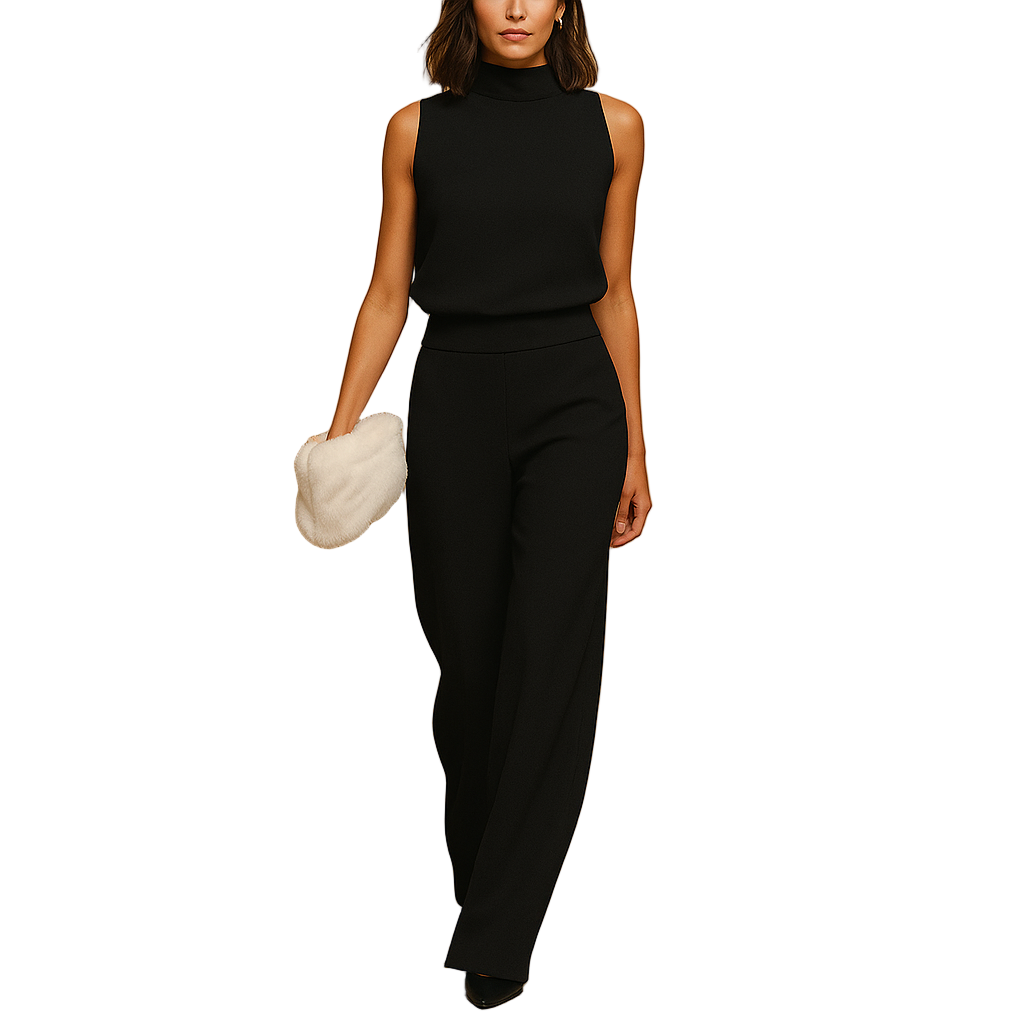 Sleeveless halter jumpsuit for women with wide legs, decorative bow, and pockets, ideal for parties, dinners, or warm-weather events.