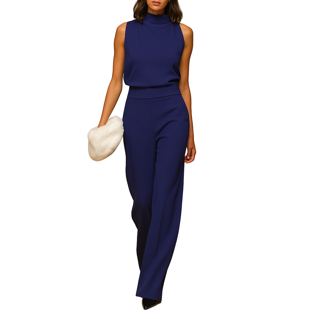 Sleeveless halter jumpsuit for women with wide legs, decorative bow, and pockets, ideal for parties, dinners, or warm-weather events.