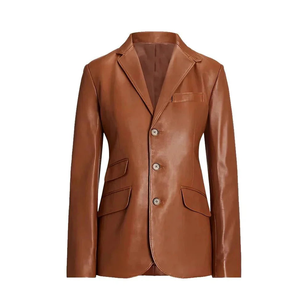 Soft Lambskin Brown Leather Blazer for Women