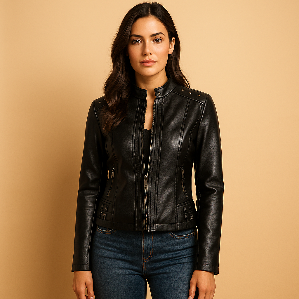 Structured biker jacket for women with tailored fit, metal accents, standing collar, and zippered pockets, perfect for daily wear and city outfits.