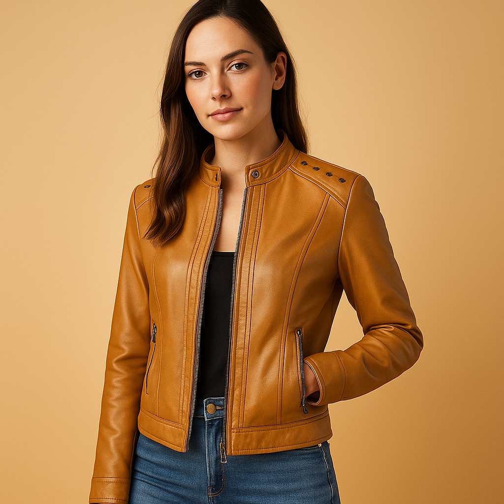 Structured biker jacket for women with tailored fit, metal accents, standing collar, and zippered pockets, perfect for daily wear and city outfits.