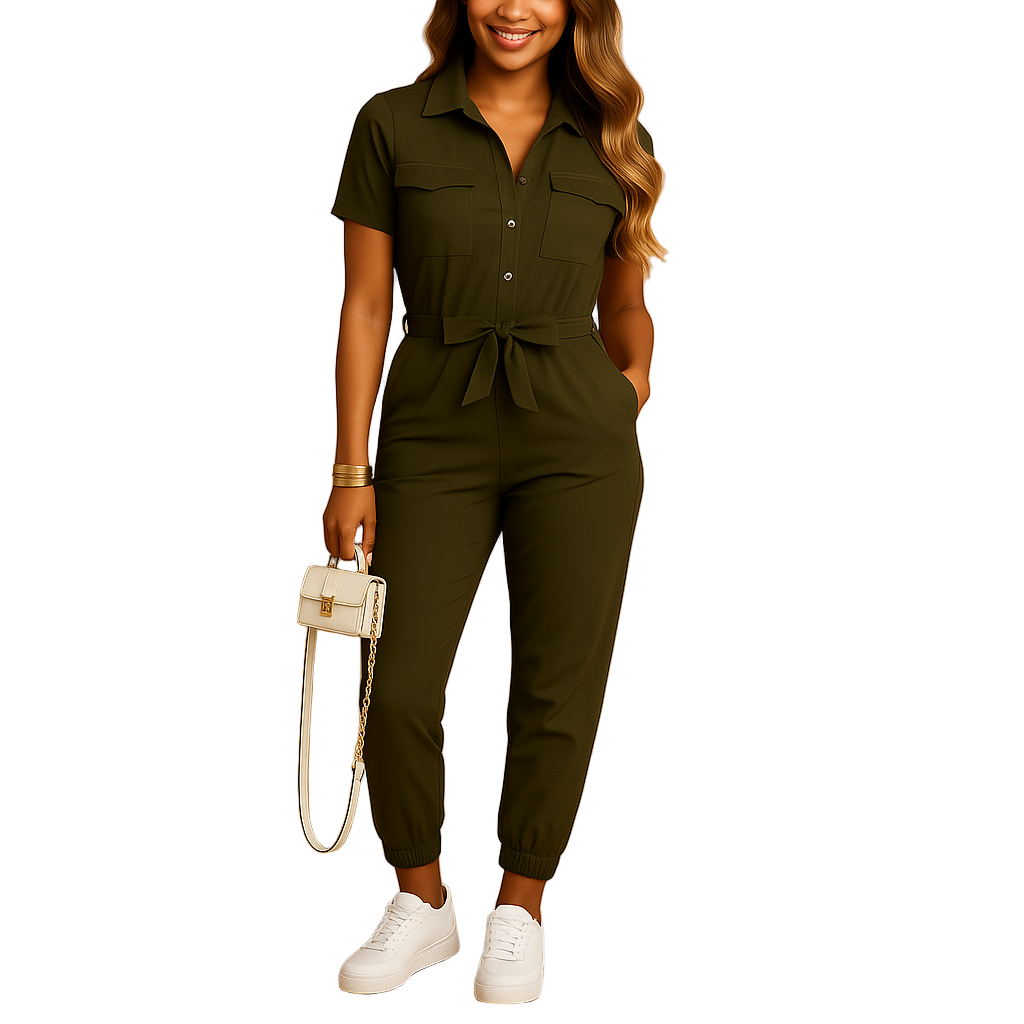 Tailored one-piece jumpsuit for women with flattering fit and button closure, perfect for workdays, brunch, or stylish evenings out.